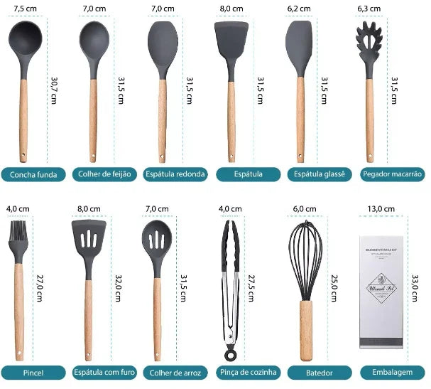 Kit 12 Utensílios de Cozinha em Silicone e Cabo de Madeira