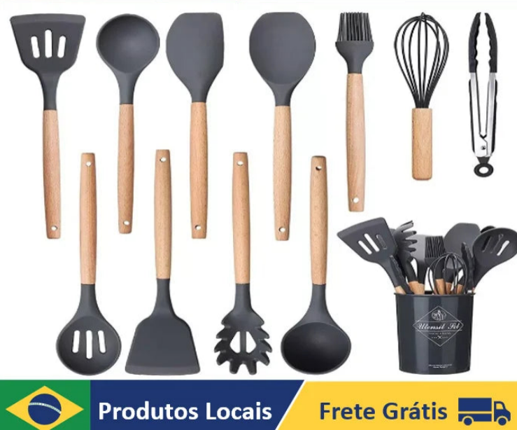 Kit 12 Utensílios de Cozinha em Silicone e Cabo de Madeira